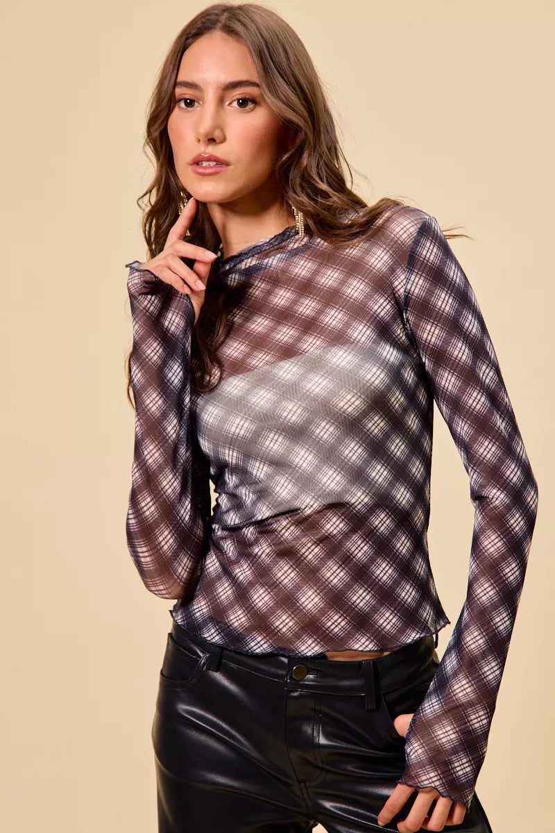 I am a Fashion Junky Plaid Mesh Knit Long Sleeve Top with Thumb Opening