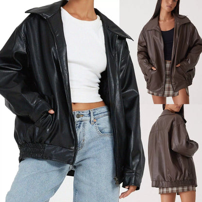 Spring And Autumn European And American Leather Jacket Locomotive Style Loose Top Coat Women