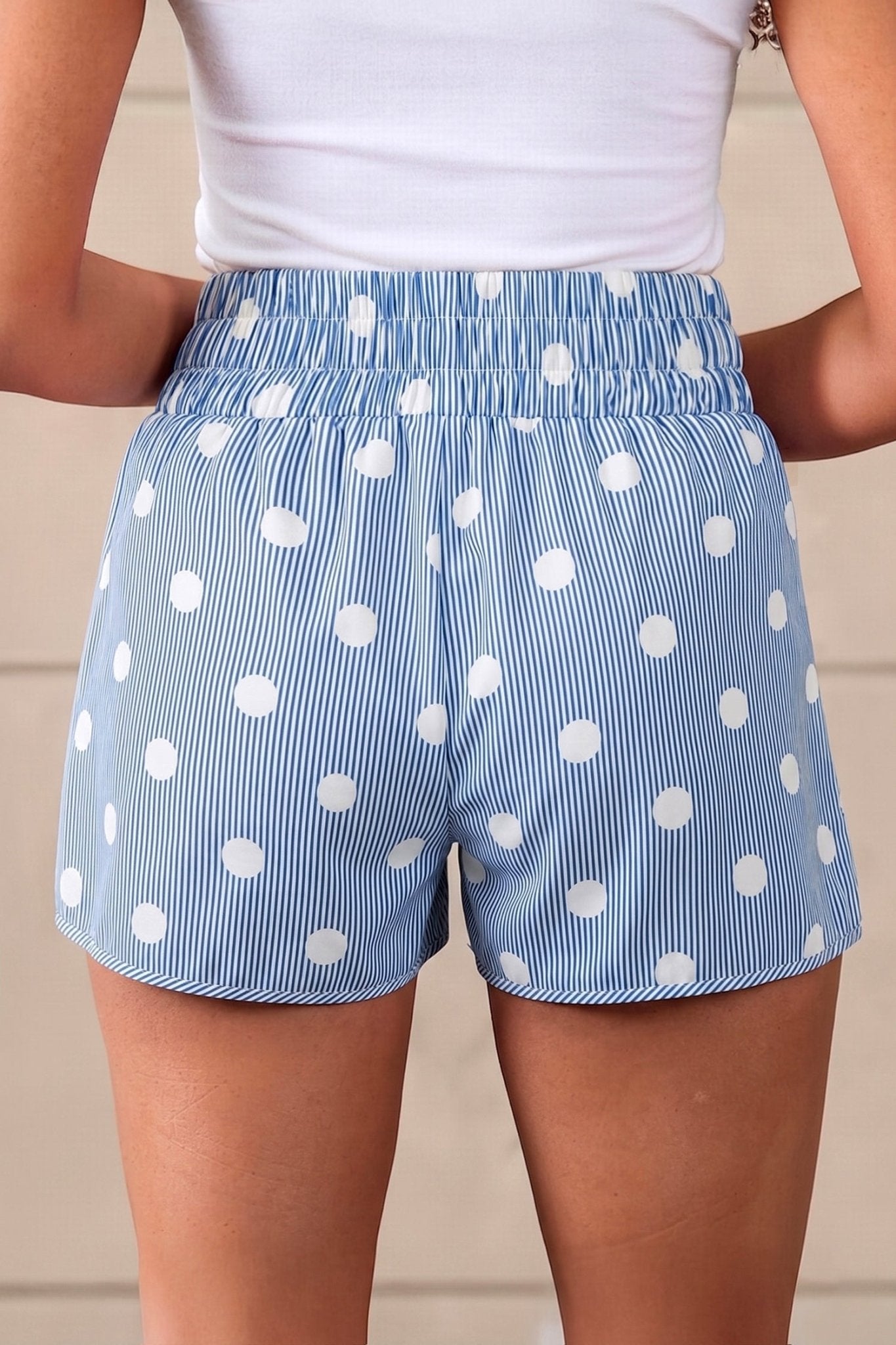 Sky Blue Polka Dot Print Shirred High Waist Casual Shorts - Loving It Shop