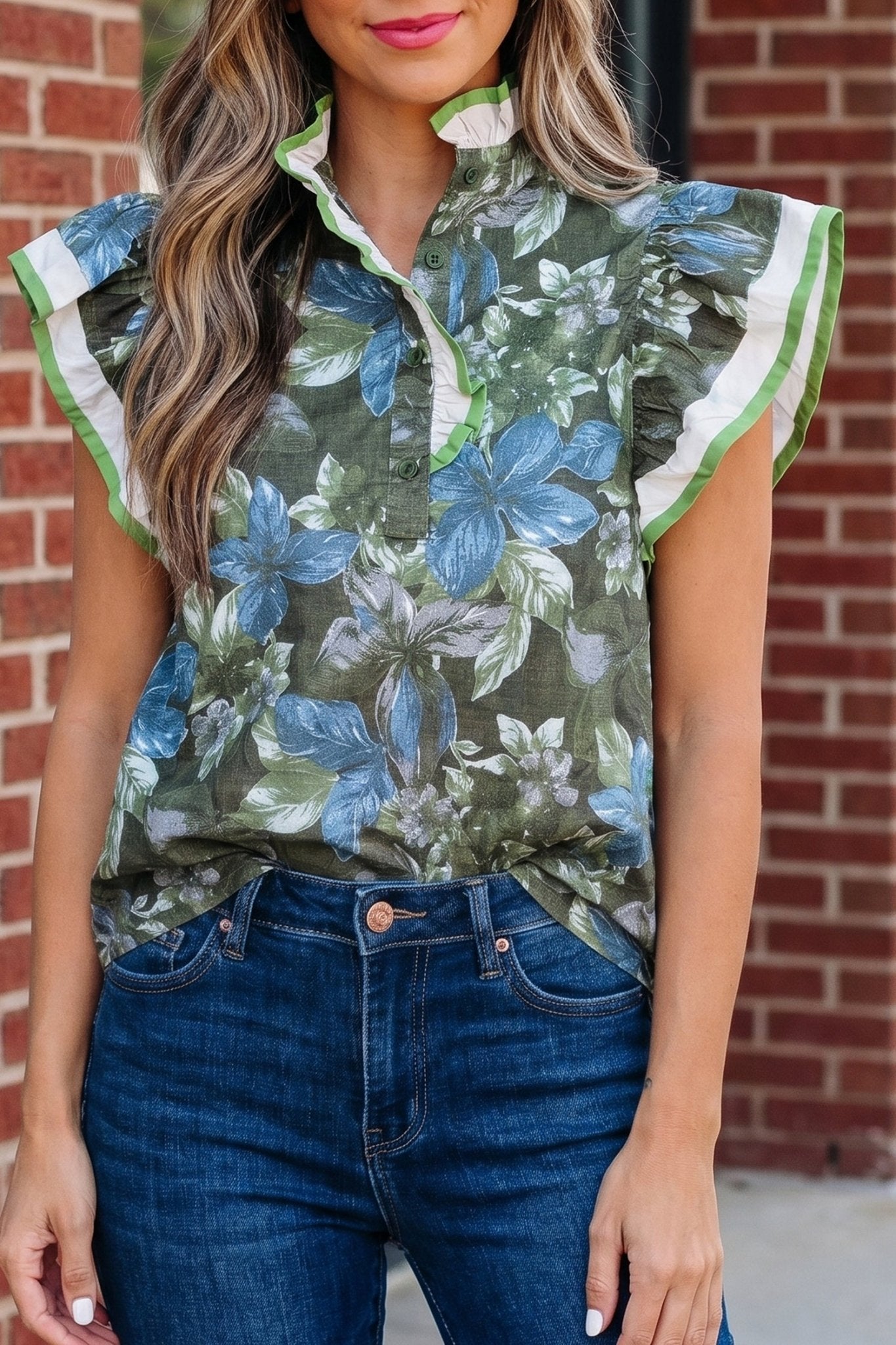 Green Ruffled Short Sleeve Floral Summer Blouse - Loving It Shop