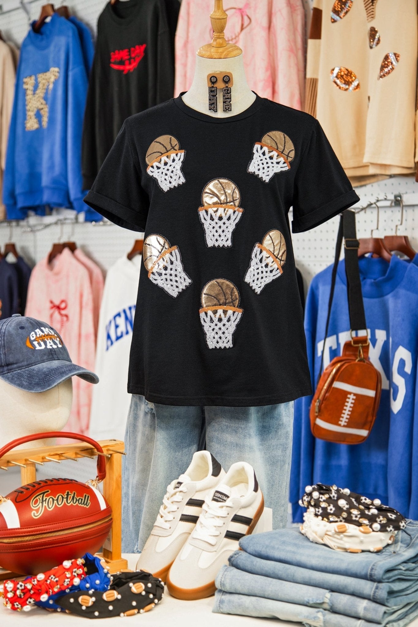 Black Sequin Basketball Patched Graphic Game Day T Shirt - Loving It Shop