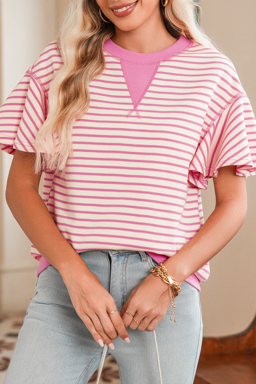 Parchment Striped Ruffle Sleeve Round Neck Top