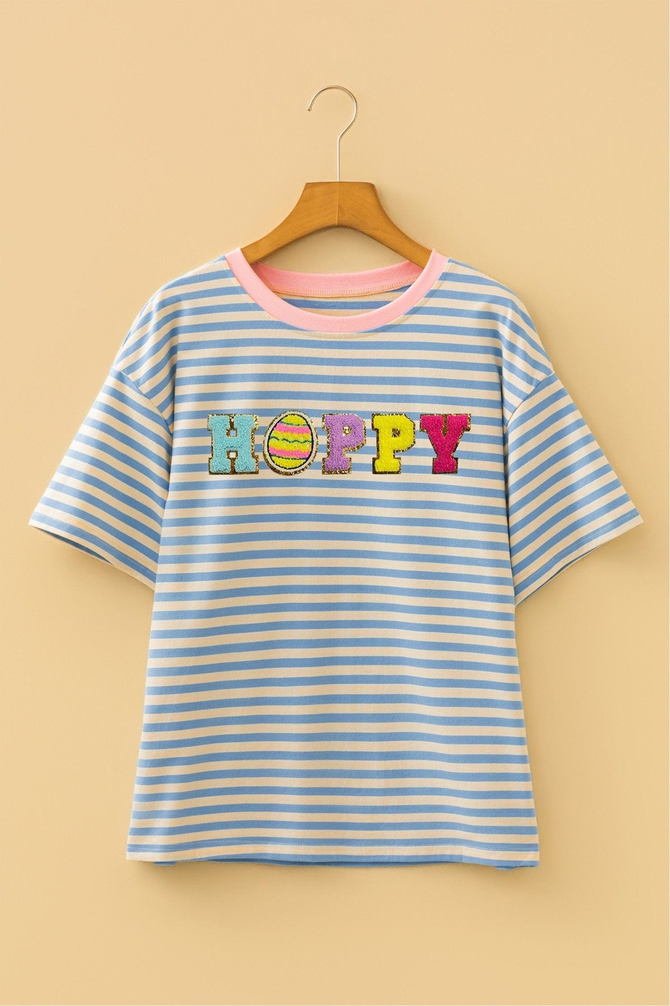 Sky Blue Stripe HOPPY Chenille Patched Graphic Crew Neck Tee - Loving It Shop