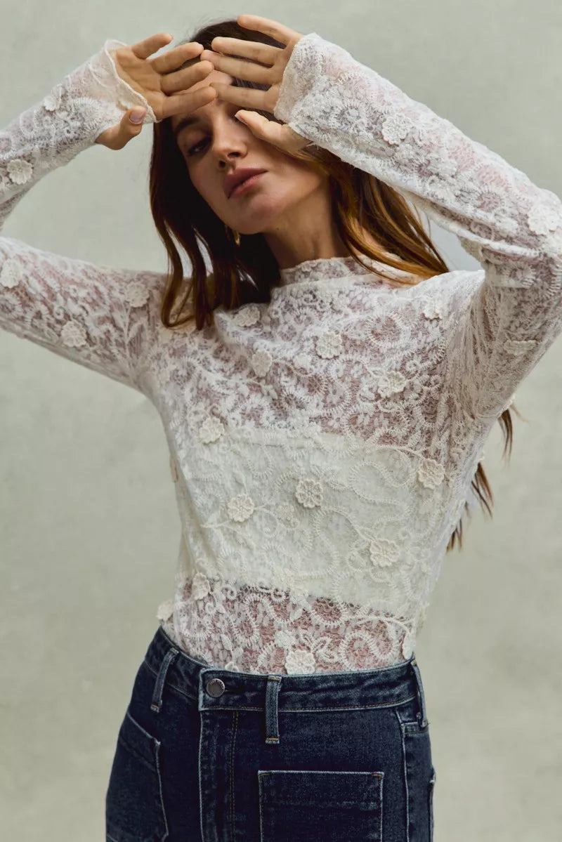 Lace Long Sleeve 3d Effect Floral Layering Top