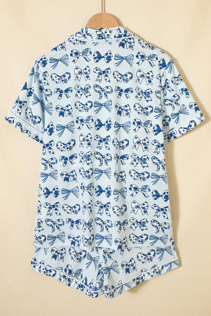 Sky Blue Bow Print Short Pajama Set