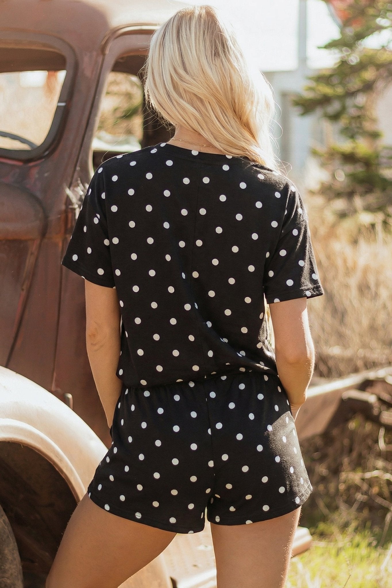 Black Exposed Seam Detail Polka Dot Loose Tee Drawstring Shorts Set - Loving It Shop