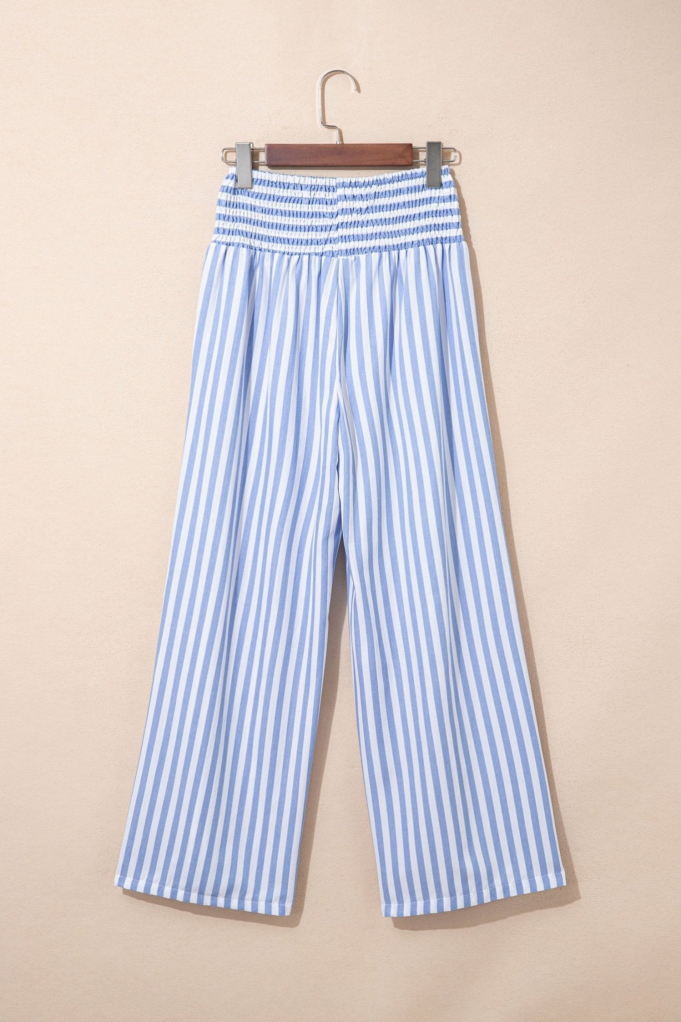 Sky Blue Stripe Shirred High Waist Loose Summer Pants - Loving It Shop