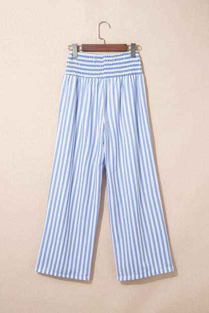 Sky Blue Stripe Shirred High Waist Loose Summer Pants - Loving It Shop