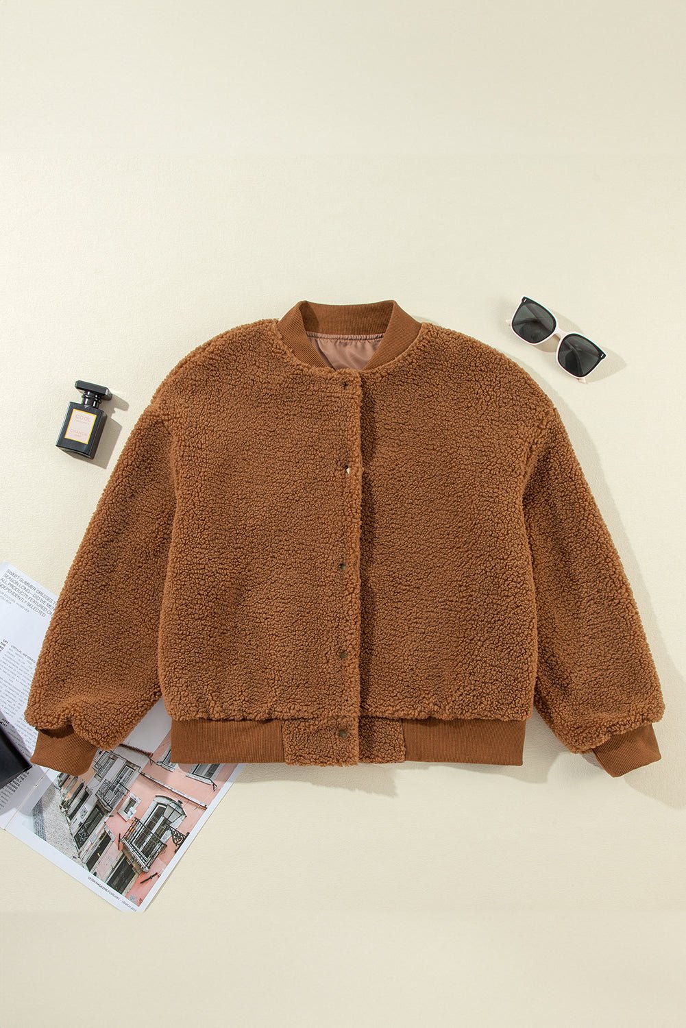 Redwood Burl Sherpa Ribbed Baseball Collar Bomber Jacket - Loving It Shop