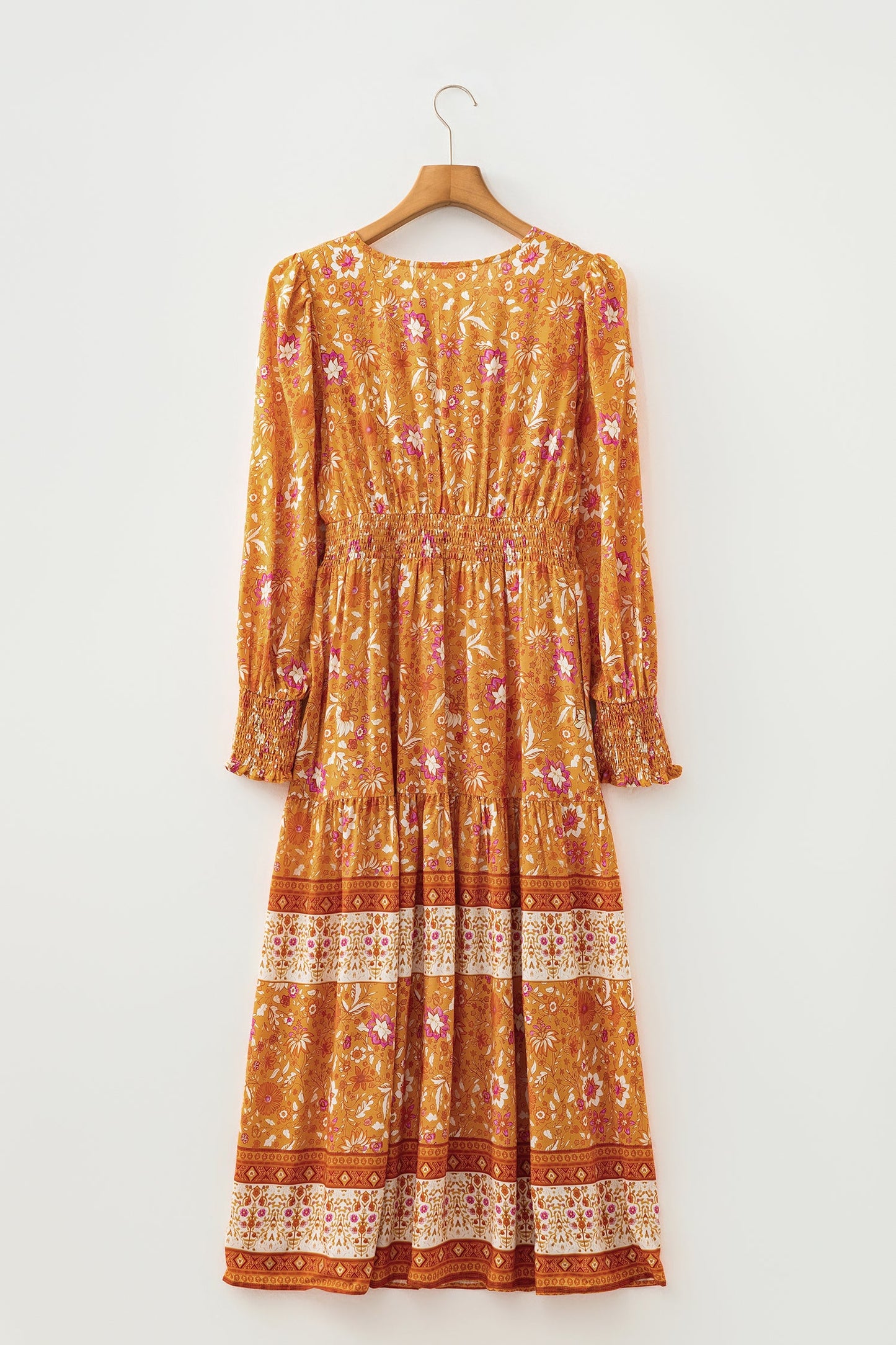 Orange Floral Print Smocked Waist Long Sleeve Boho Maxi Dress
