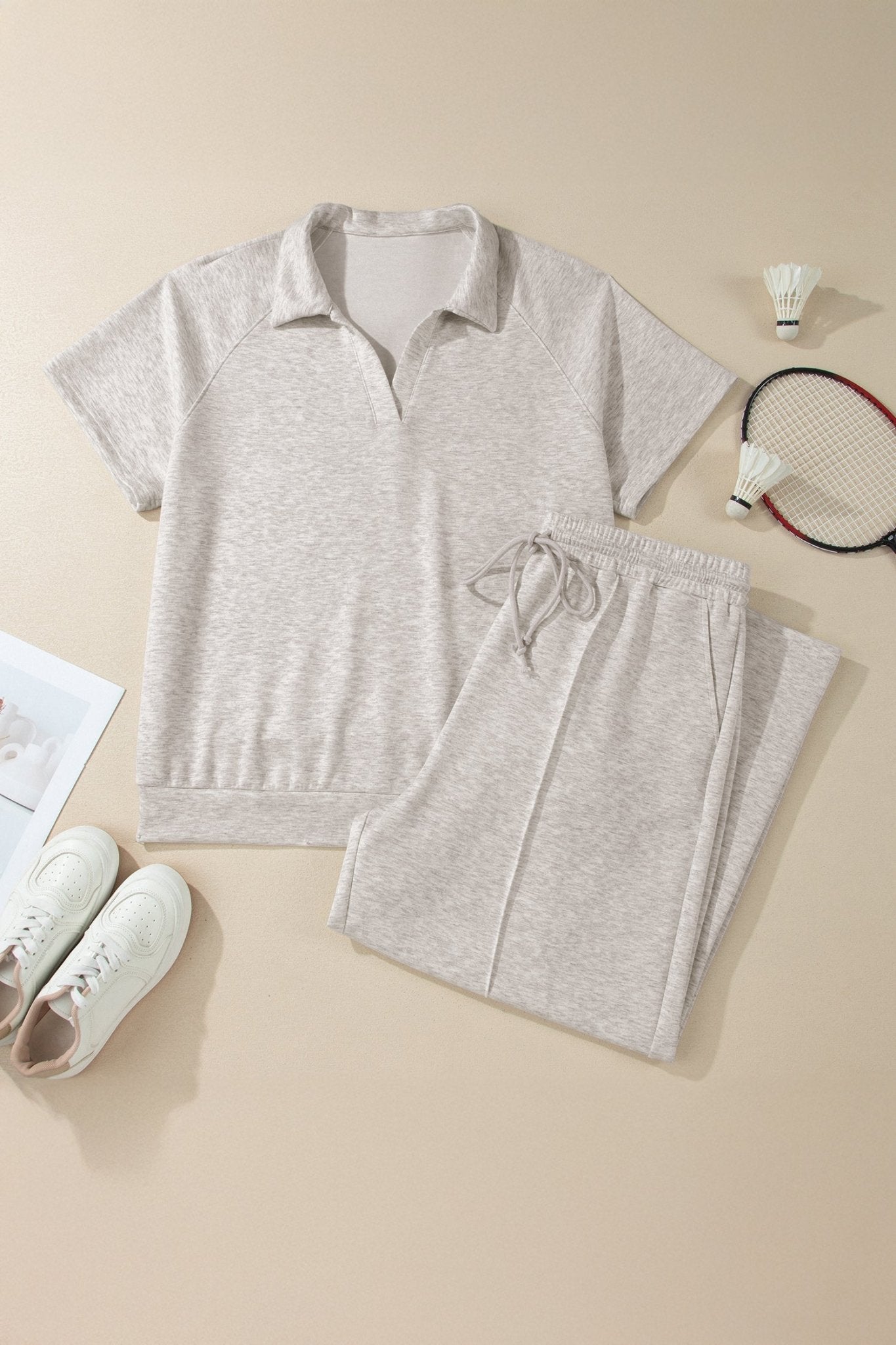 Light Grey Plus Size V Neck Polo Tee Drawstring Loose Pants 2pcs Set - Loving It Shop