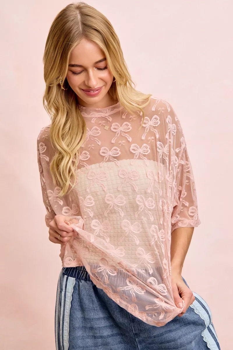 Bow Pattern Short Sleeves Boxy Mesh Top