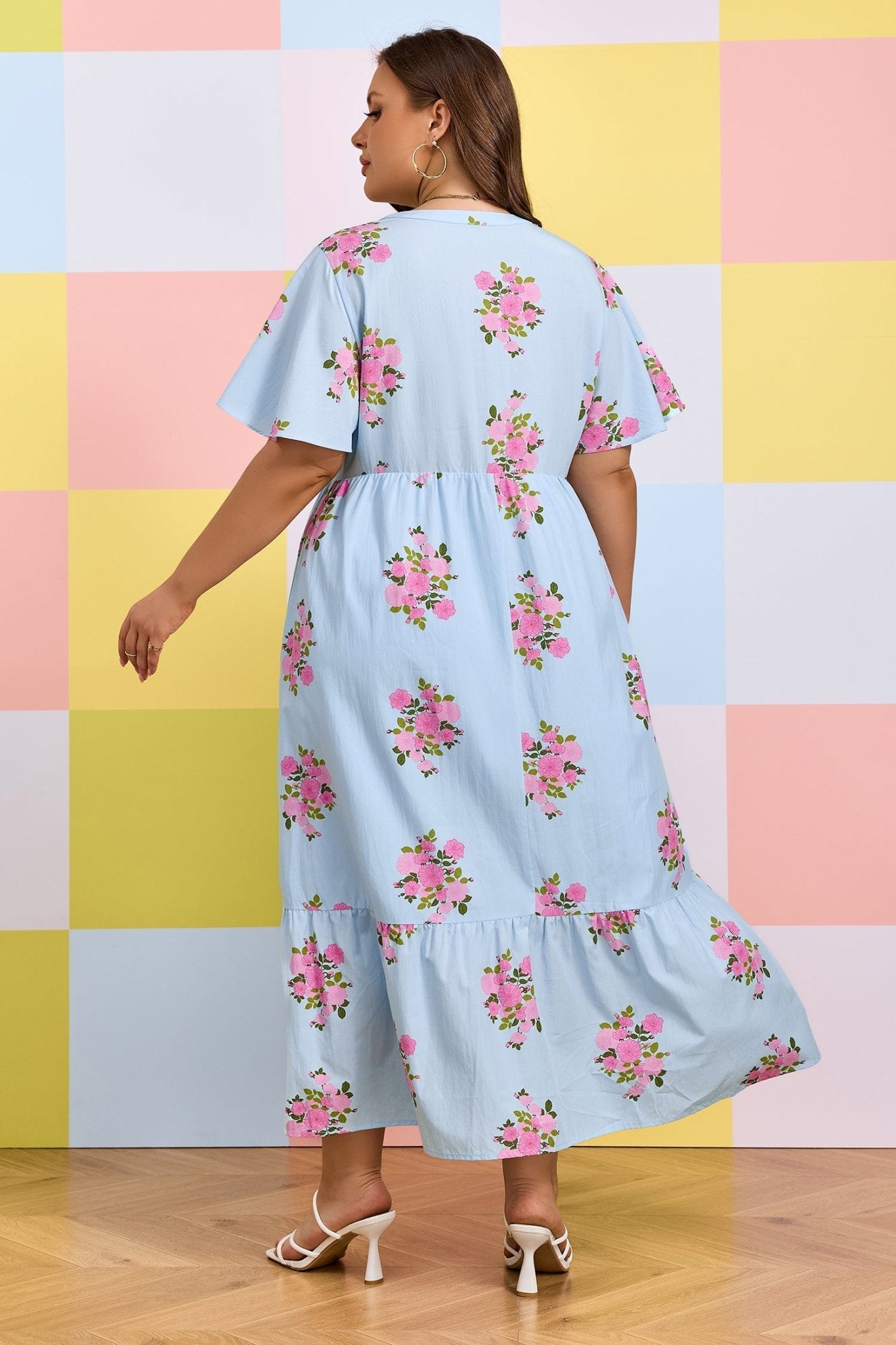 Sky Blue Plus Size Floral Print Scalloped Trim V - Neck Dress - Loving It Shop