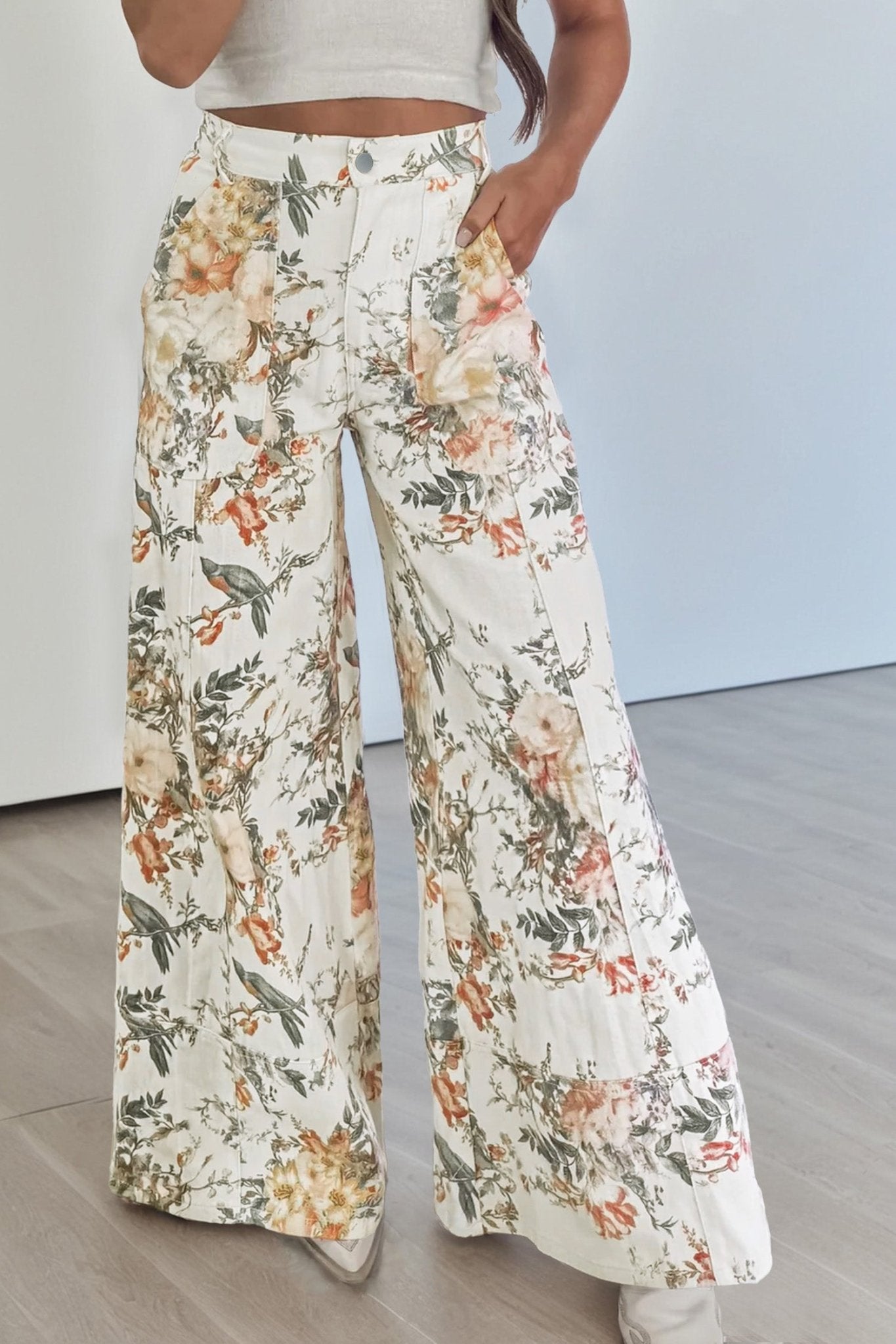 Beige Vintage Style Floral Print High Waist Wide Leg Jeans - Loving It Shop