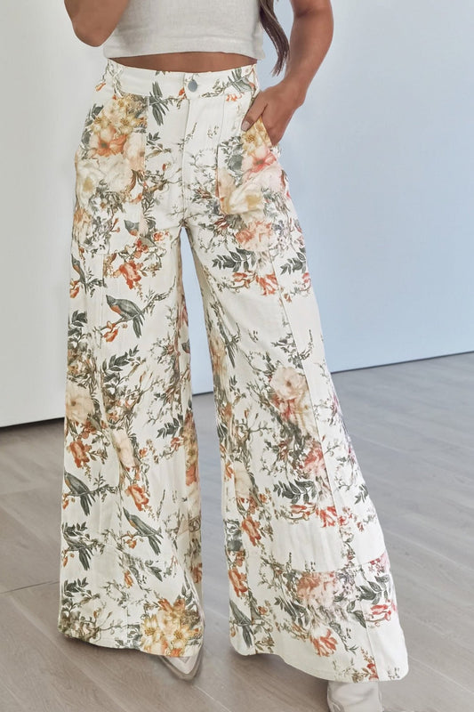 Beige Vintage Style Floral Print High Waist Wide Leg Jeans - Loving It Shop