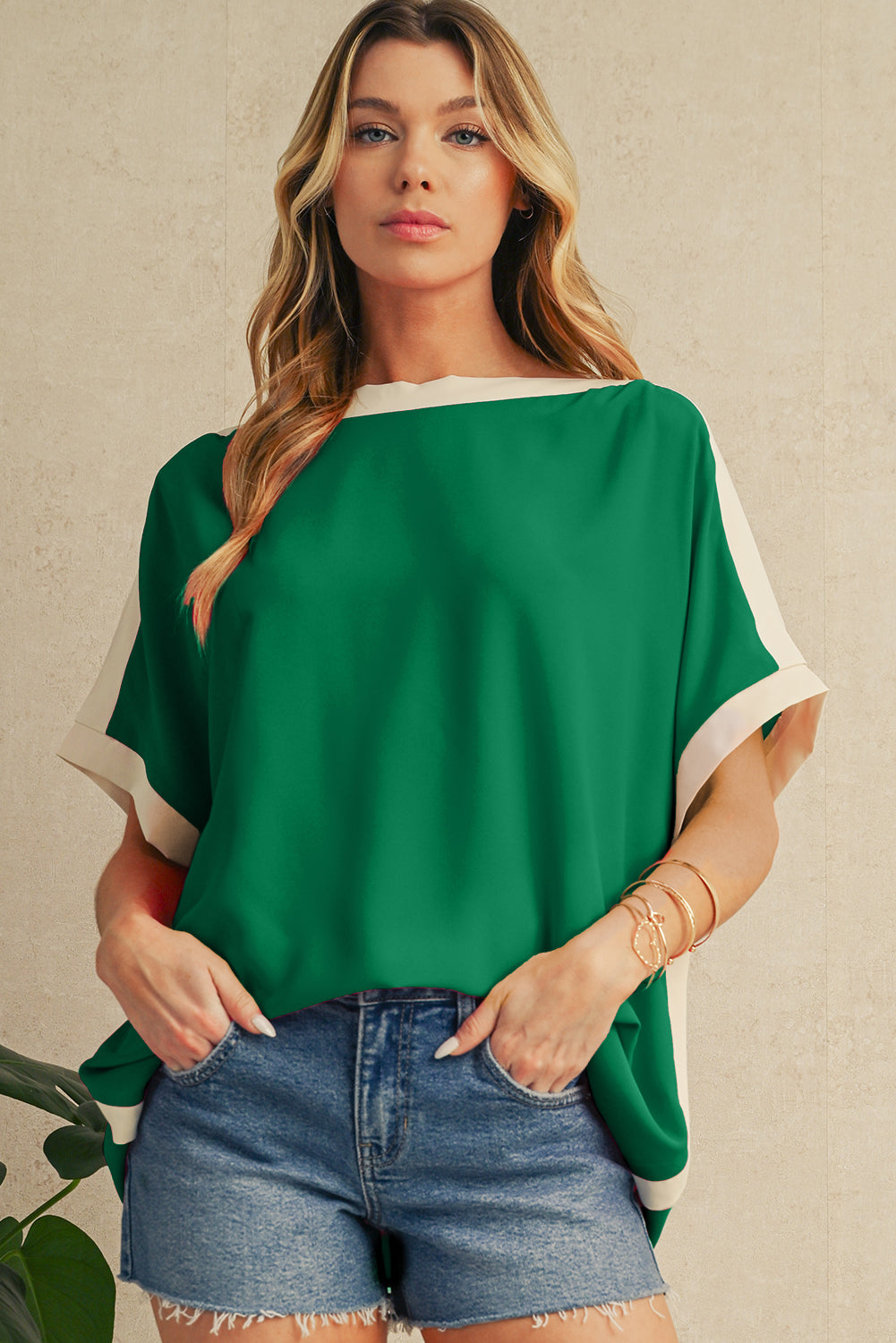 Rose Color Block Boat Neck Tunic Blouse