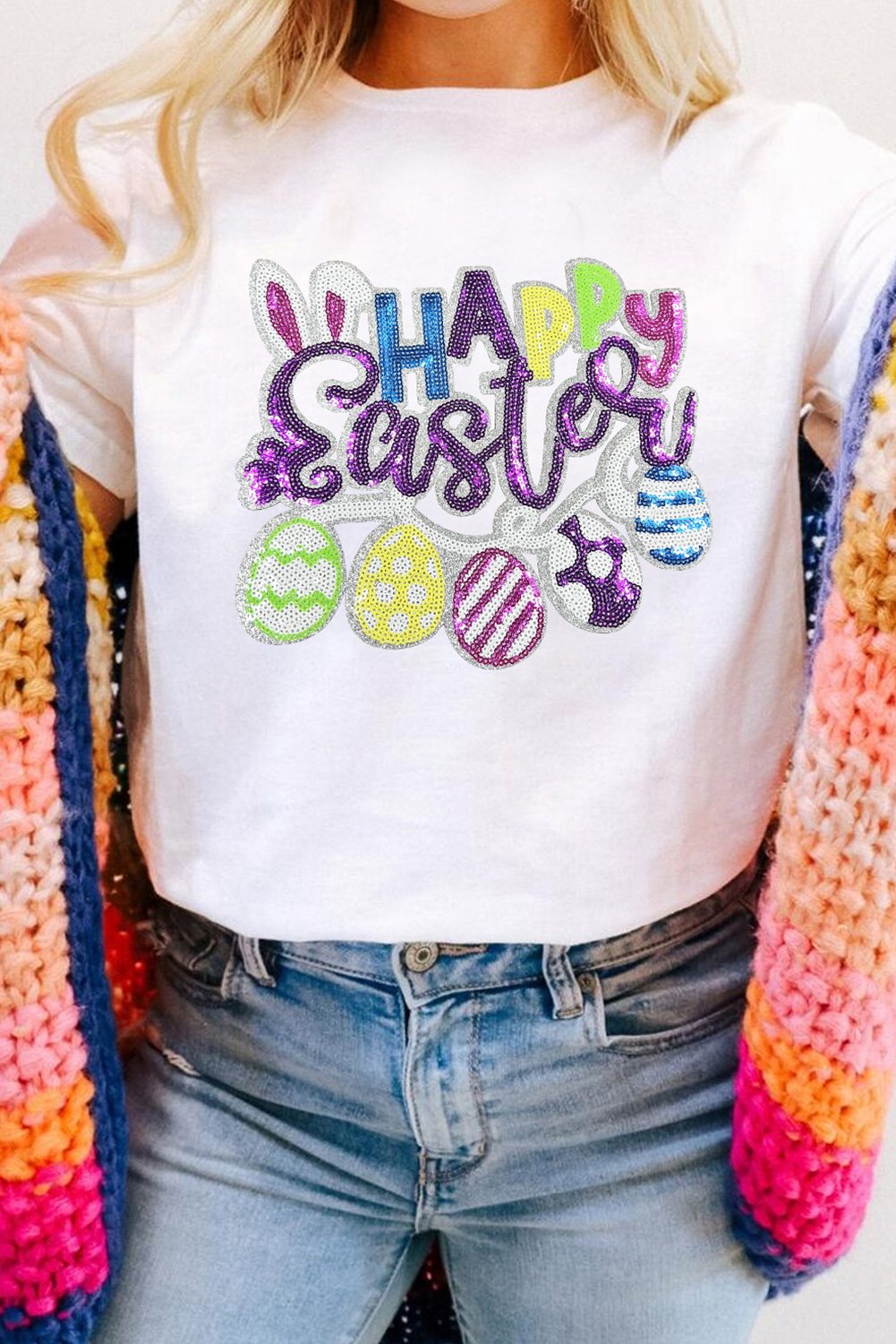 White Happy Easter Sequin Patched Casual Tee - Loving It Shop