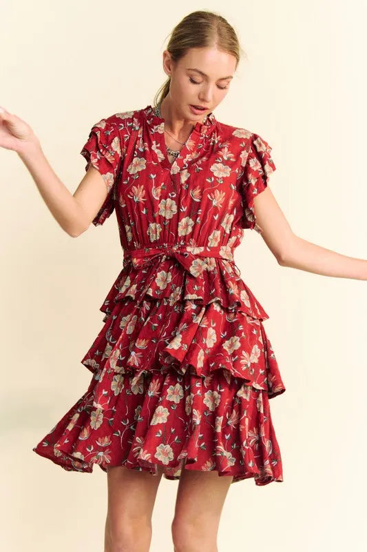 Davi &amp; Dani Ruffle Flutter Sleeve Tie Belt Tiered Mini Dress