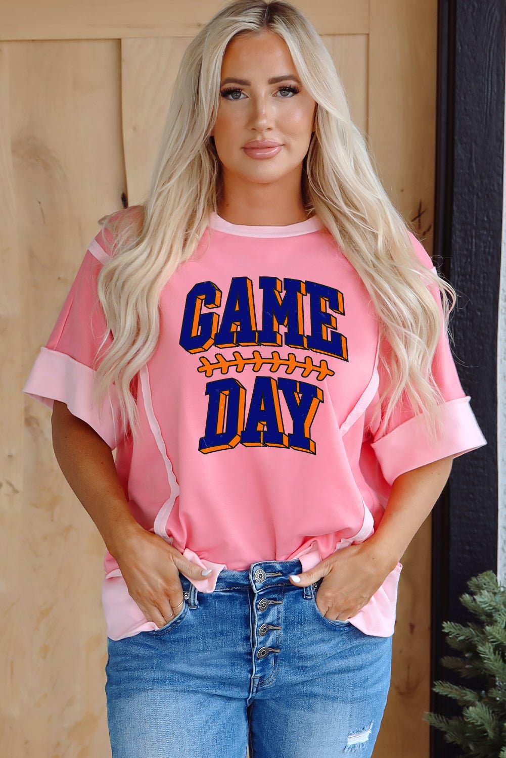 Peach Blossom Raw Seam Patchwork GAME DAY Letter Graphic Loose Tee - Loving It Shop