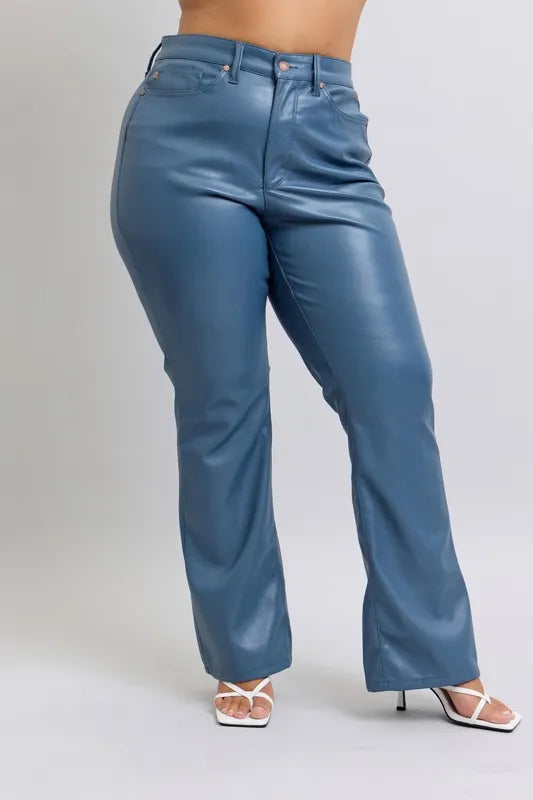 Full Size High Waist Tummy Control Faux Leather Bootcut Pants Plus Size