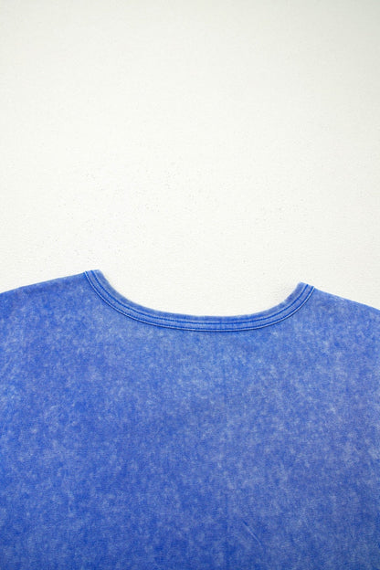 Sky Blue Mineral Wash Raw Seam Lace Sleeve Cotton Tee - Loving It Shop