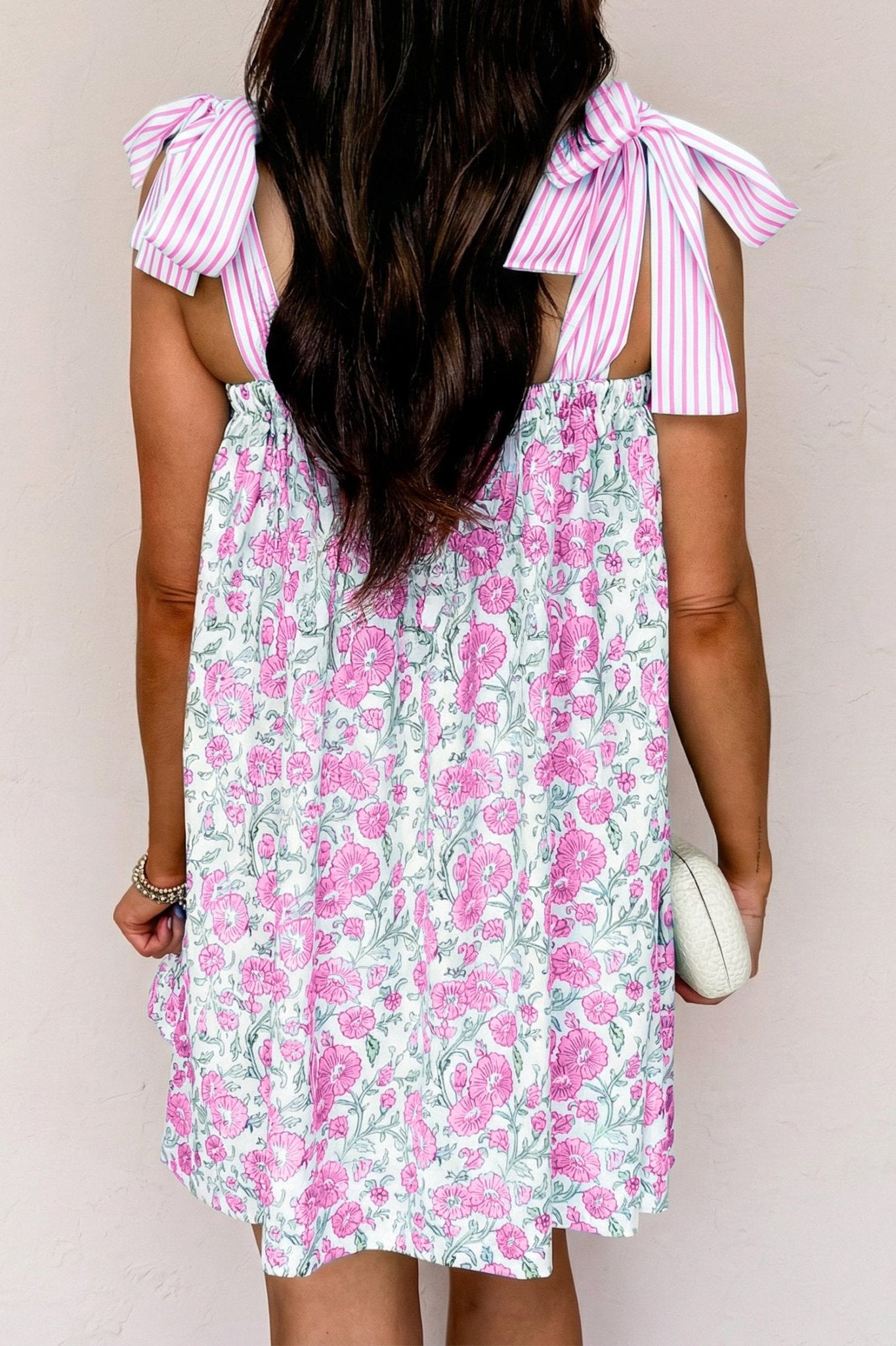 Pink Floral Print Striped Patchwork Bow Knot Straps Mini Dress - Loving It Shop