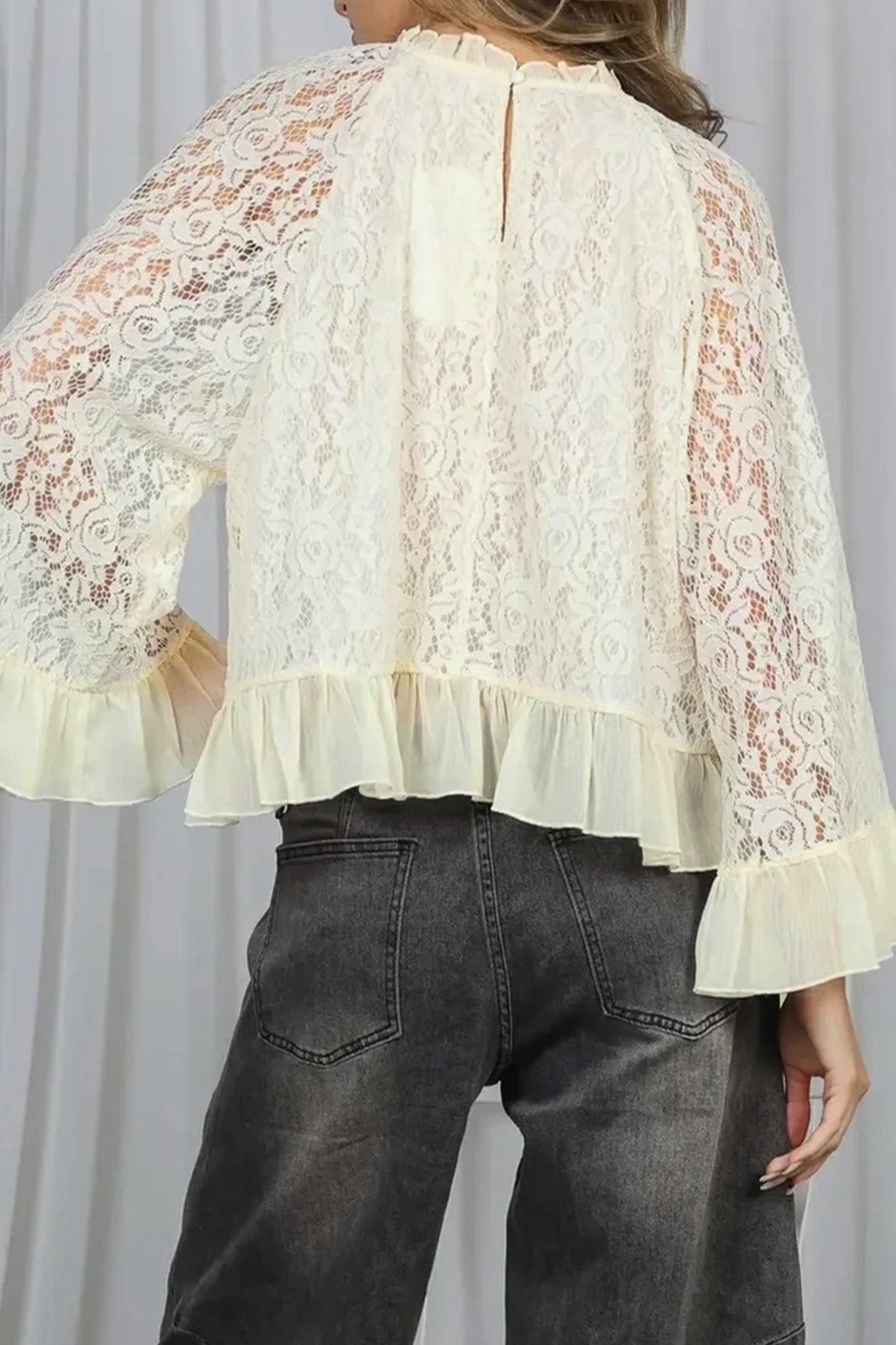 White Sheer Lace Long Sleeve Ruffle Trim Loose Blouse - Loving It Shop