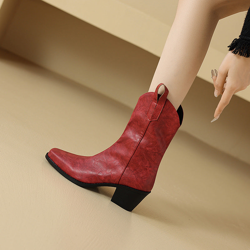 Retro Square-toe V-cut Mid-calf Boots With Chunky Heels