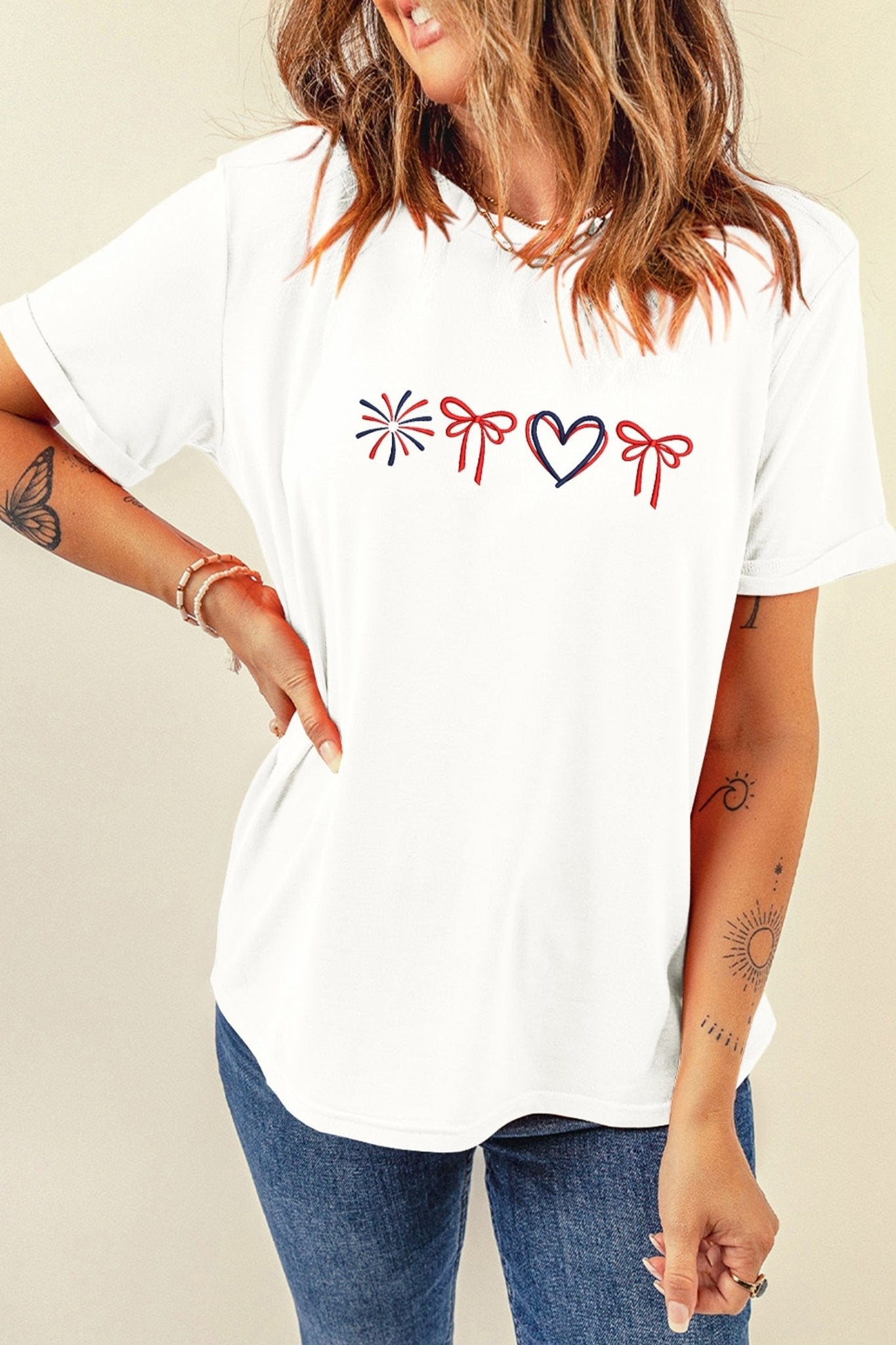 White Love July 4th Firework Bow Embroidered T Shirt - Loving It Shop