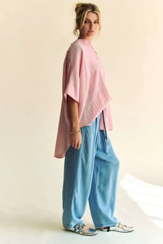 Davi &amp; Dani Rhinestone Pleat Back Short Sleeve Loose Fit Shirt