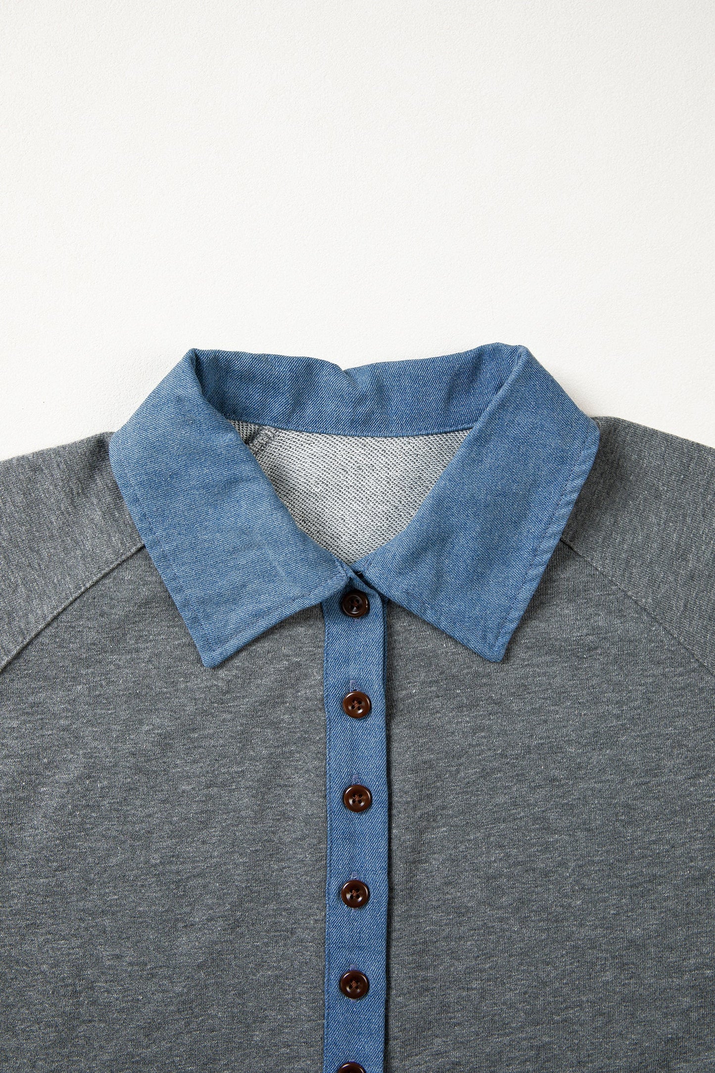 Carbon Grey Denim Color Block Patchwork Shirt Collar Short Sleeve Blouse