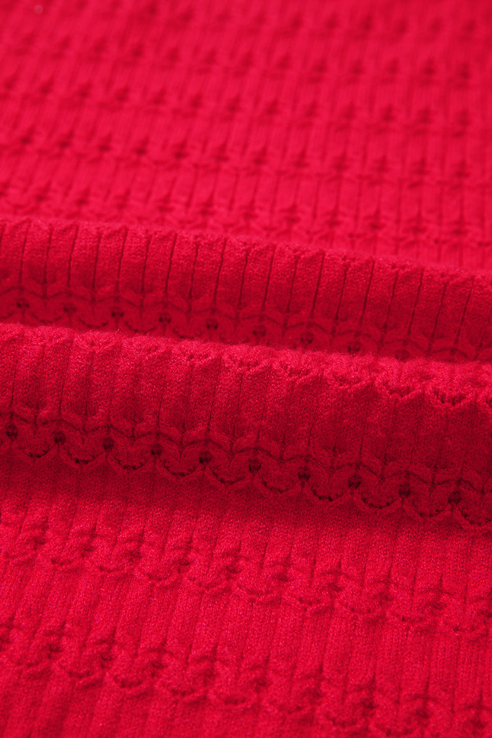 Fiery Red Trendy Pattern Knit Ribbed Cuffs Crew Neck Sweater