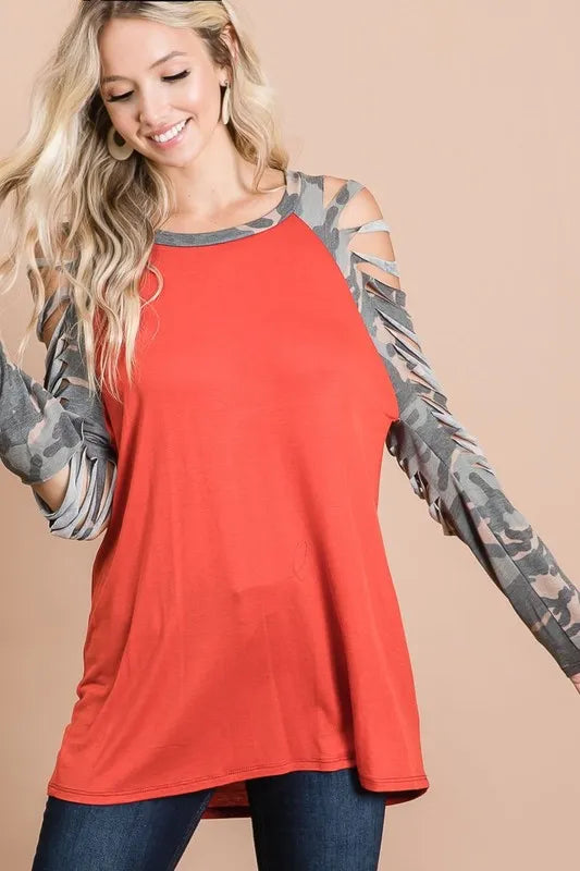 Jersey Knit Top with Camouflage Laser Cut Sleeves