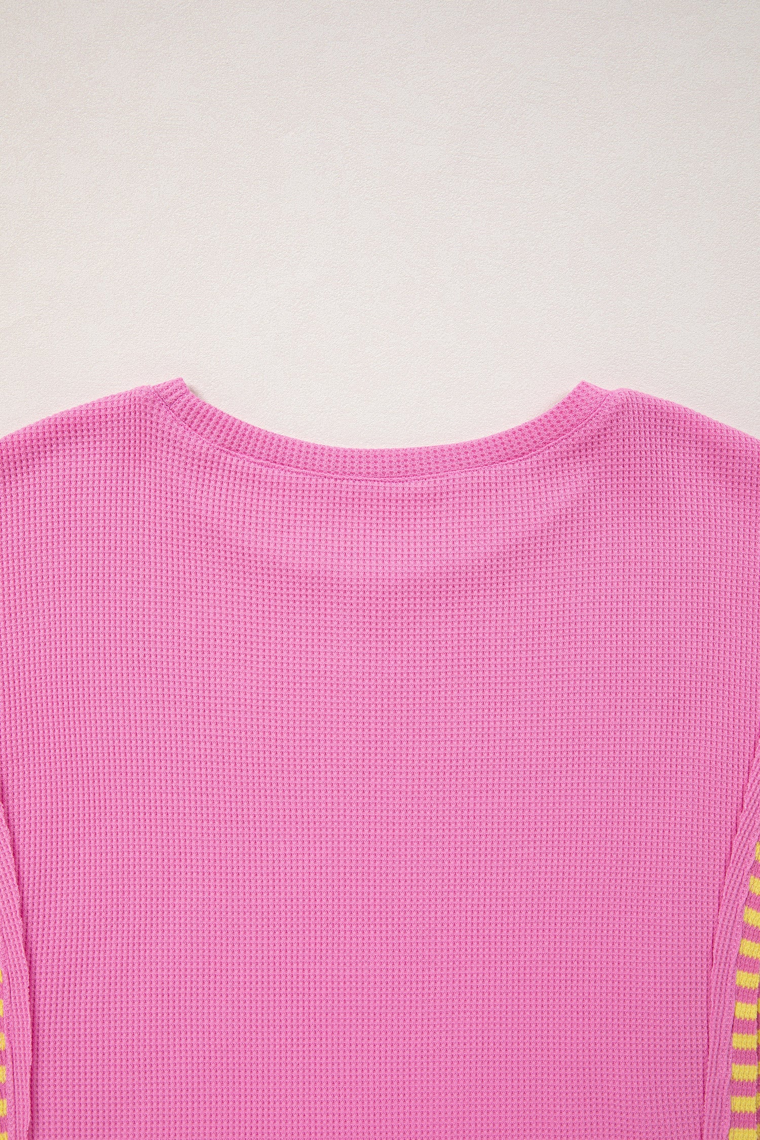 Bright Pink Waffle Textured Contrast Striped Patchwork Loose T Shirt