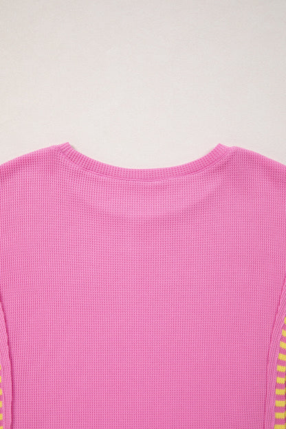 Bright Pink Waffle Textured Contrast Striped Patchwork Loose T Shirt