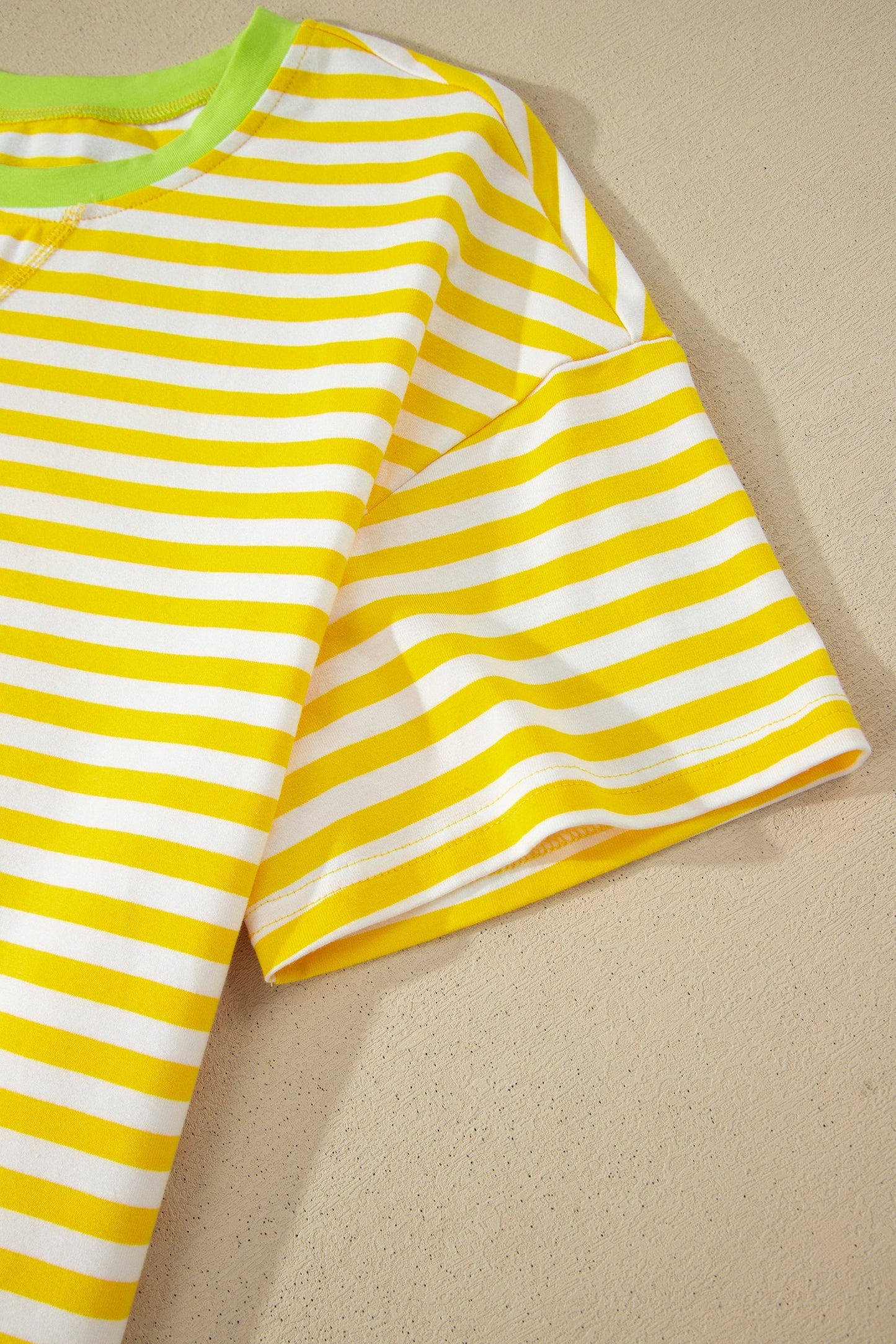 Yellow Stripe Contrast Neck Loose Tee and Drawstring Shorts Set