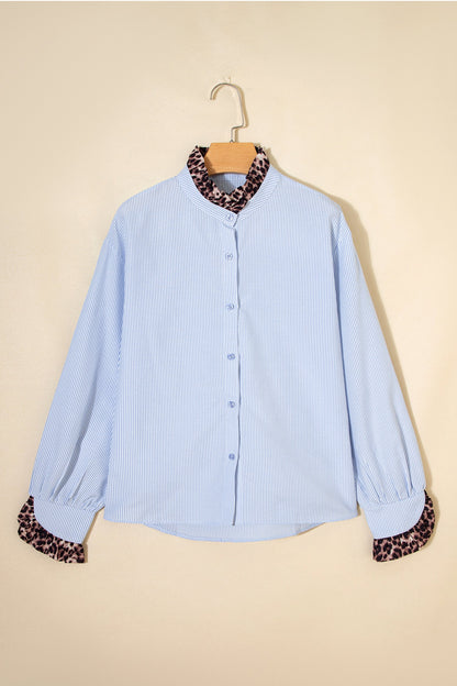 Sky Blue Stripe Ruffled Leopard Patchwork Long Sleeve Button Down Loose Shirt