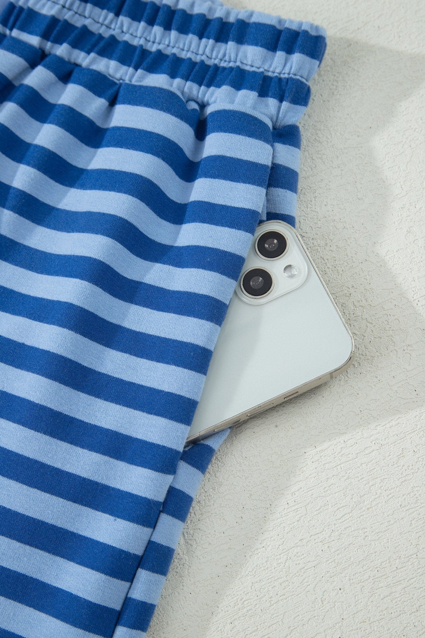 Blue Stripe Striped Ribbed Cotton Two - Piece Short Set with Chest Patch Detail - Loving It Shop