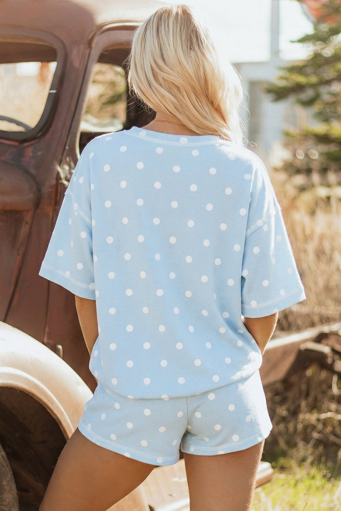 Sky Blue Exposed Seam Detail Polka Dot Loose Tee Drawstring Shorts Set - Loving It Shop