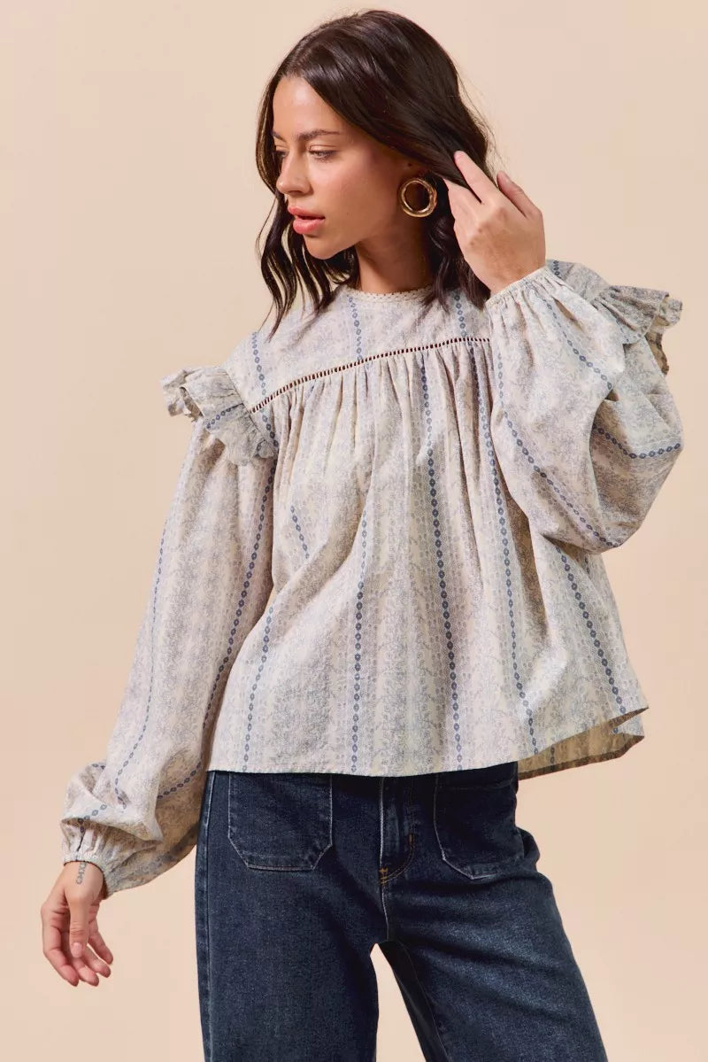 Floral Cotton Print Ruffled Long Sleeve Blouse