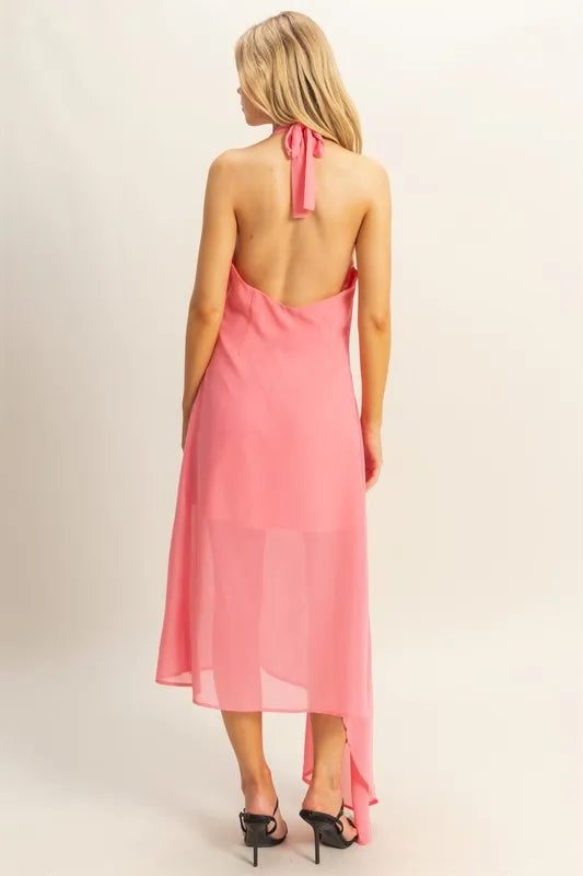 Chiffon Halter Asymmetrical Hem Dress