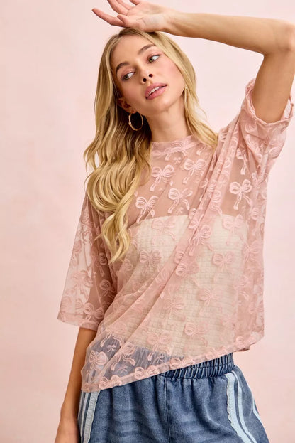 Bow Pattern Short Sleeves Boxy Mesh Top