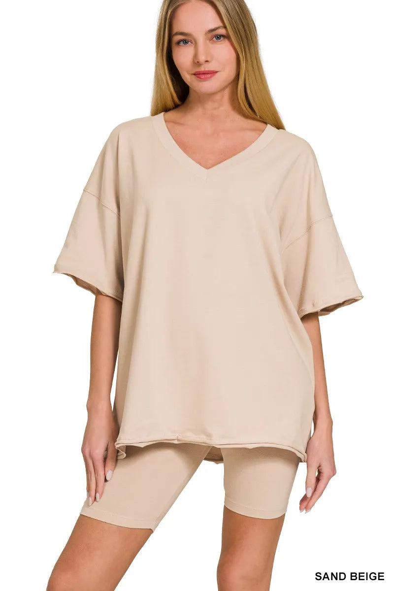 Cotton V-neck Top &amp; Biker Shorts Set