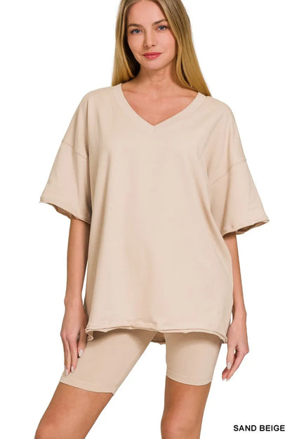 Cotton V-neck Top &amp; Biker Shorts Set