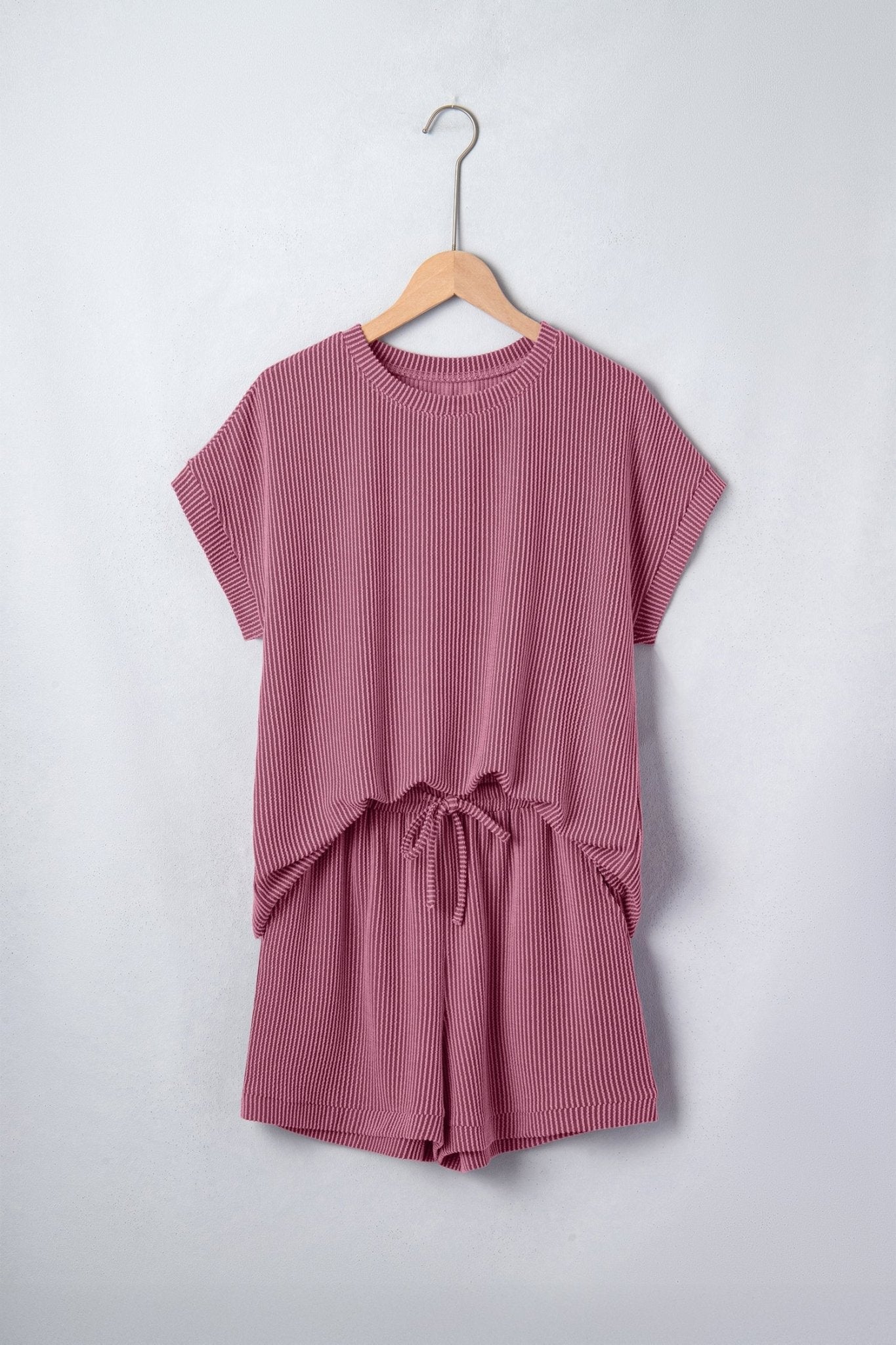 Pitaya Pink Twisted Ribbed Loose Tee Drawstring Elastic Waist 2pcs Short Set - Loving It Shop