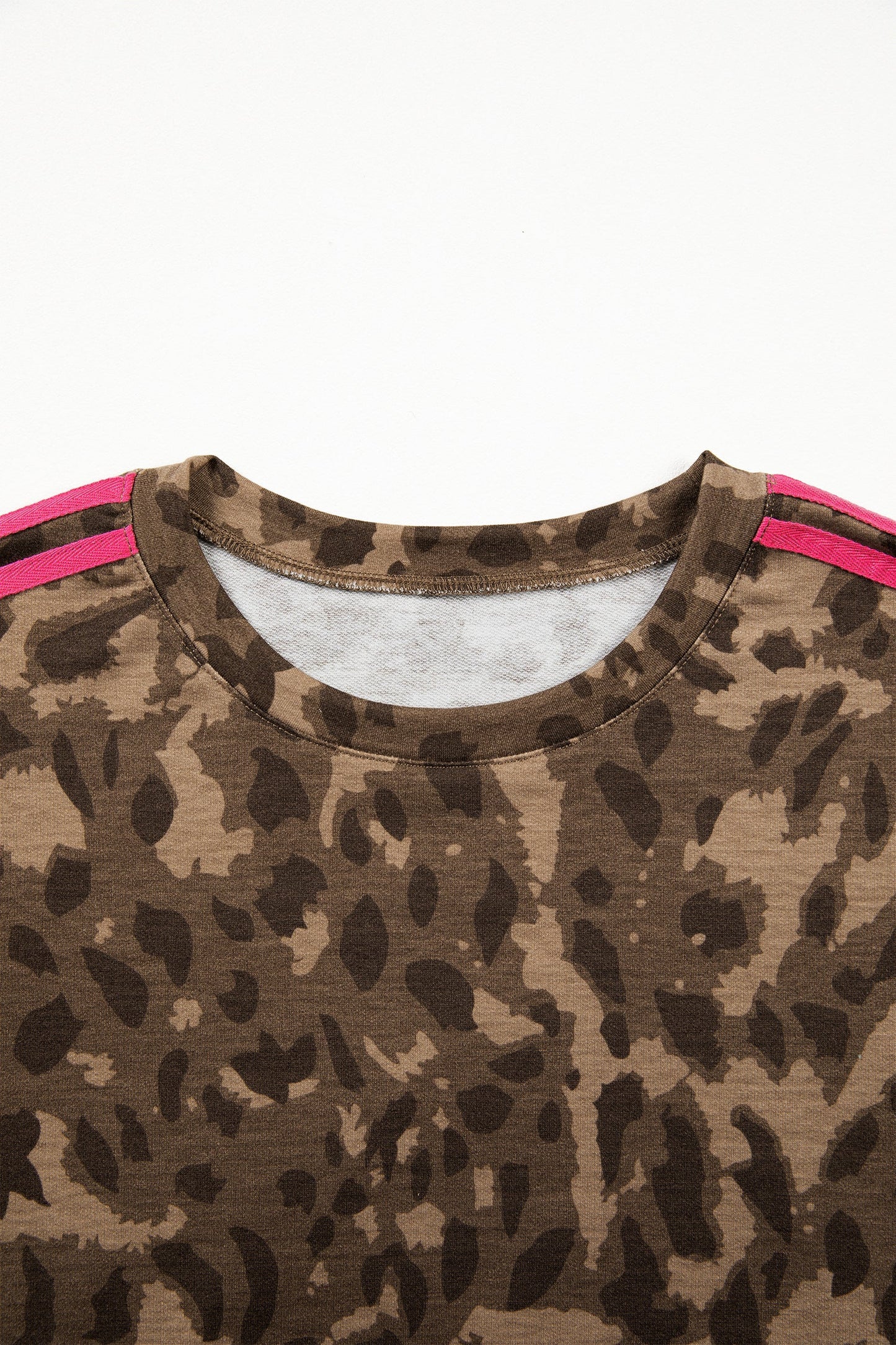 Brown Loose Contrast Striped Accent Leopard T Shirt Mini Dress with Pockets
