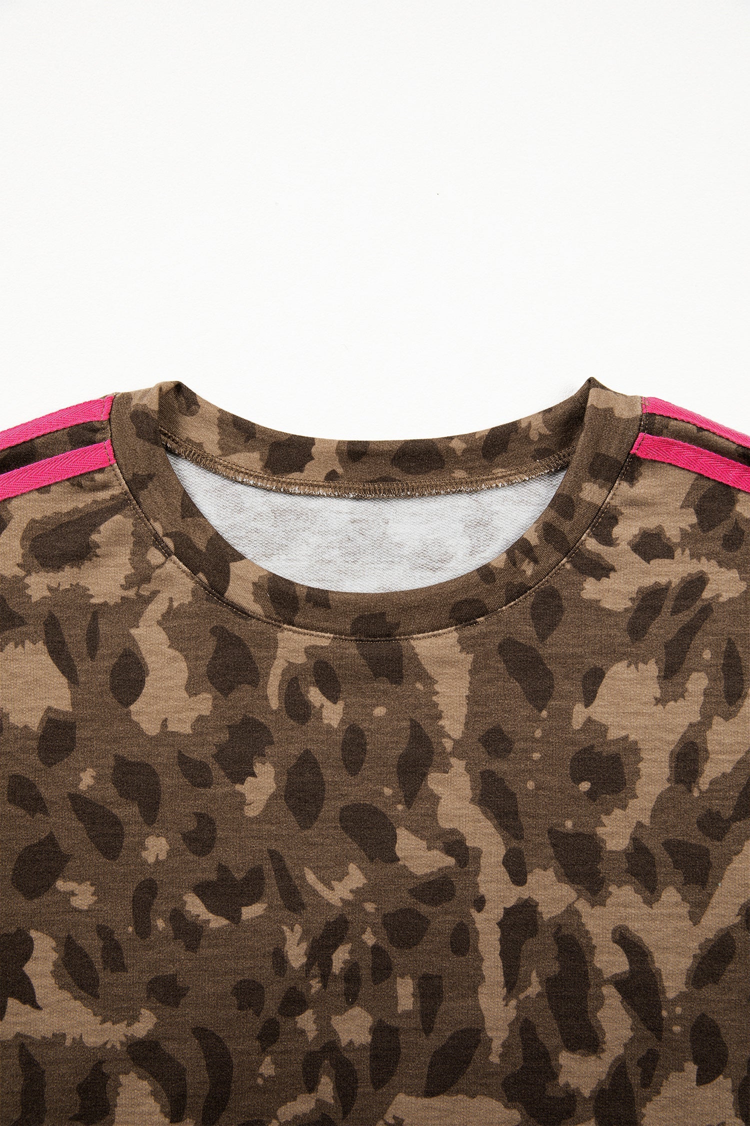 Brown Loose Contrast Striped Accent Leopard T Shirt Mini Dress with Pockets