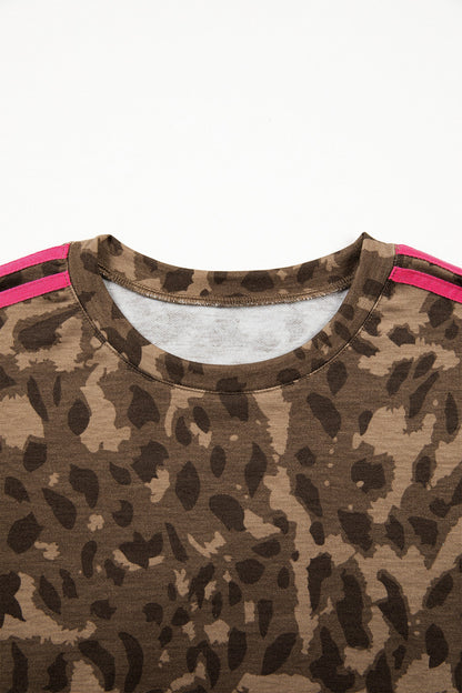 Brown Loose Contrast Striped Accent Leopard T Shirt Mini Dress with Pockets