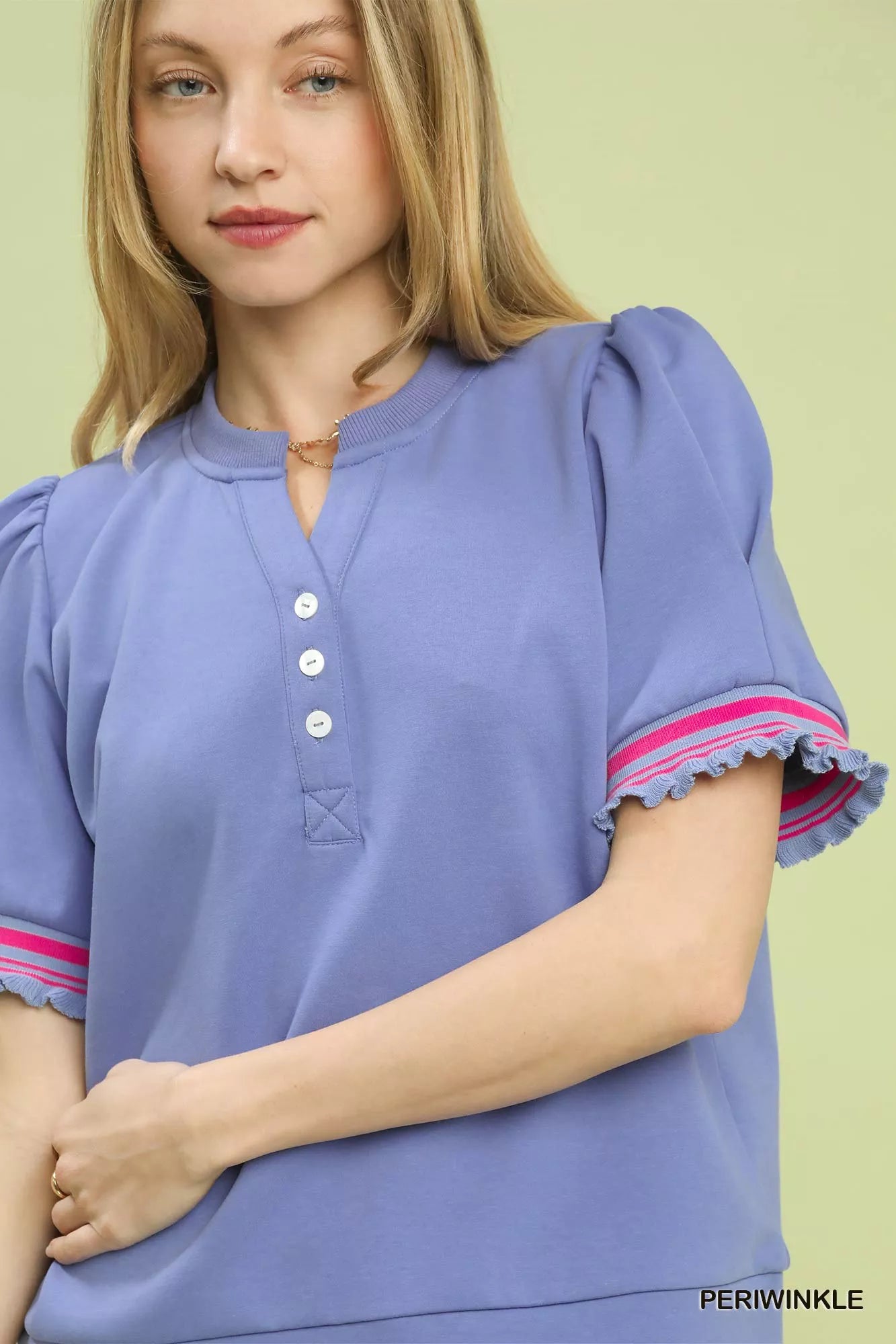 Puff Sleeve Button Front Top with Contrast Trim