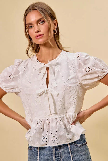 Cotton Eyelet Front Tie Short Sleeves Blouse